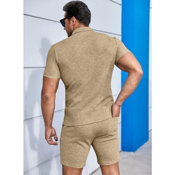 Men Brown Polo Geometric Texture Casual Shirt & Shorts Set Outfits Sweat Suits - Picture 4 of 9